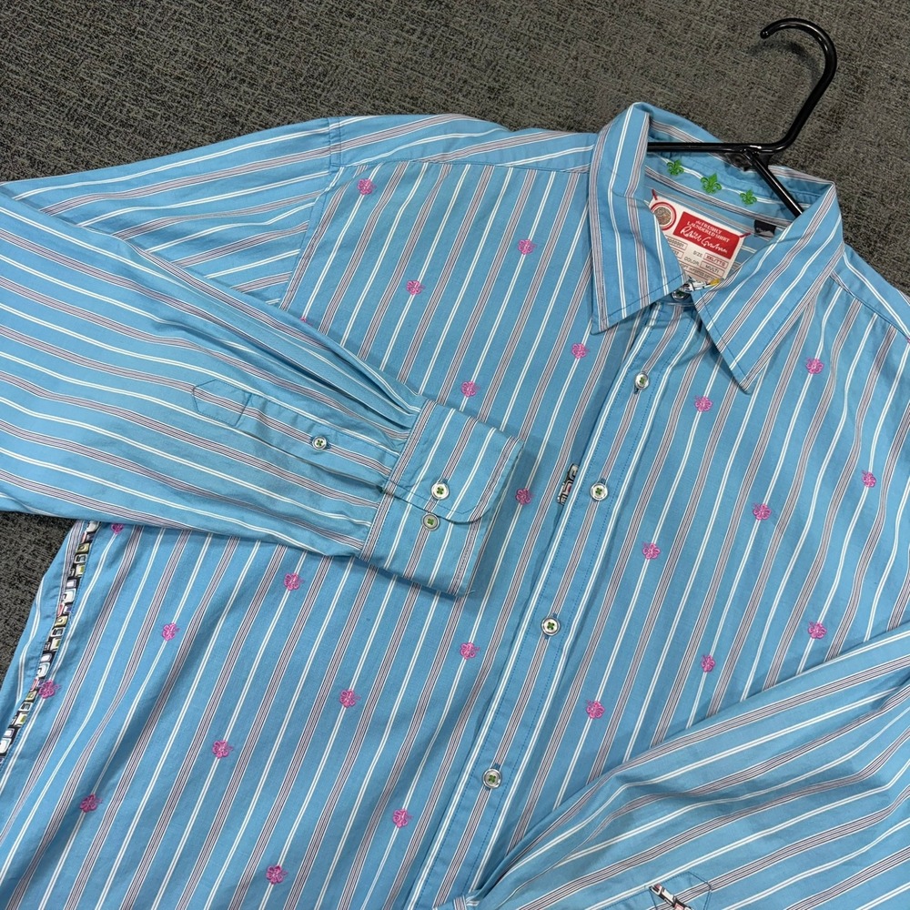Robert Graham Button Down Shirt Mens XXL Blue Striped Pink Floral Embroidery